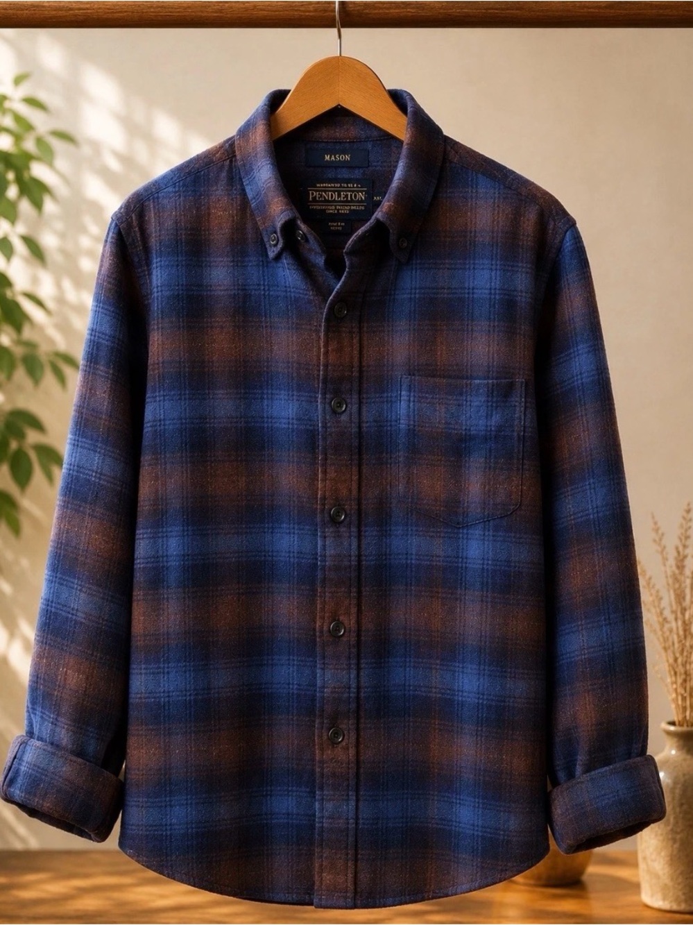 100% Cotton Pendleton Mason Plaid Flannel Shirt Blue Brown Men’s XXL